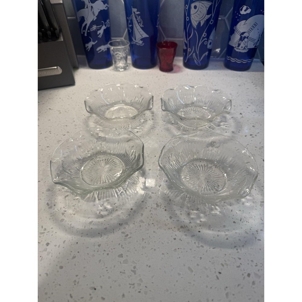 SET OF FOUR Jeannette Clear Iris And Herringbone 5 1/4" Bowls Depression Glass